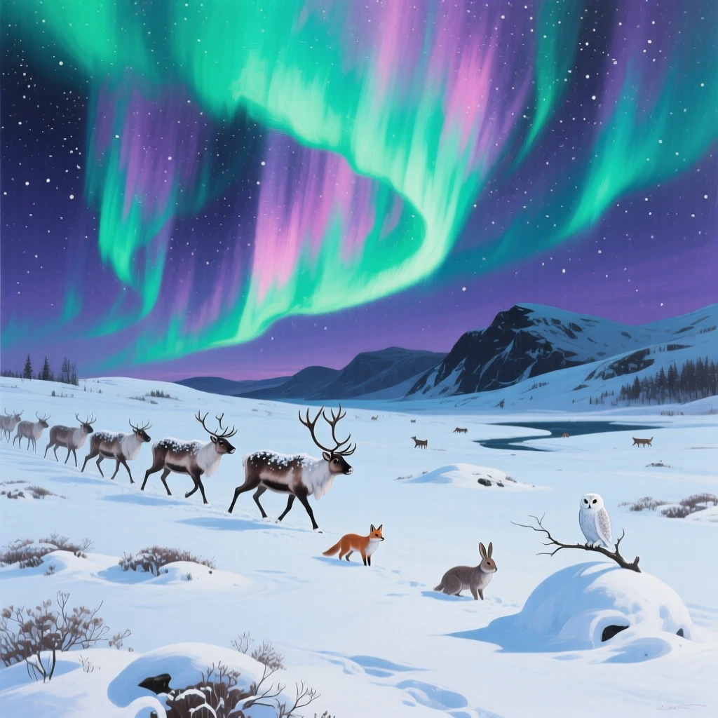 A dramatic winter sky shows the aurora borealis rippling over a herd of reindeer crossing a snow-covered tundra in northern Norway, with scattered wildlife visible moving quietly through the middle distance of the composition.