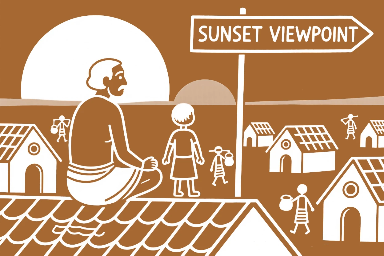 A grandfather watching the sunset from a rooftop together on a rooftop overlooking the village.
