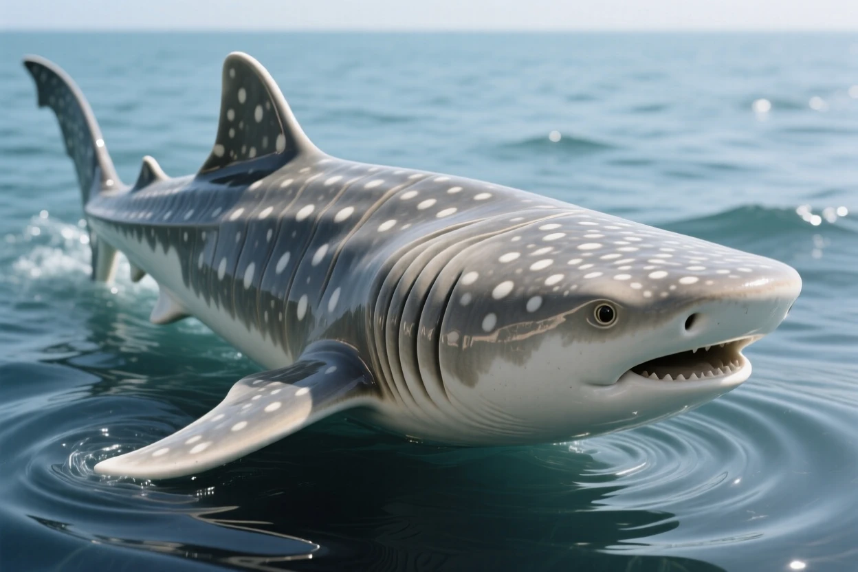 A whale shark gliding gently through open water gliding in a slow, elegant spiral, with light rippling across its skin, evoking the vast serenity of the ocean.