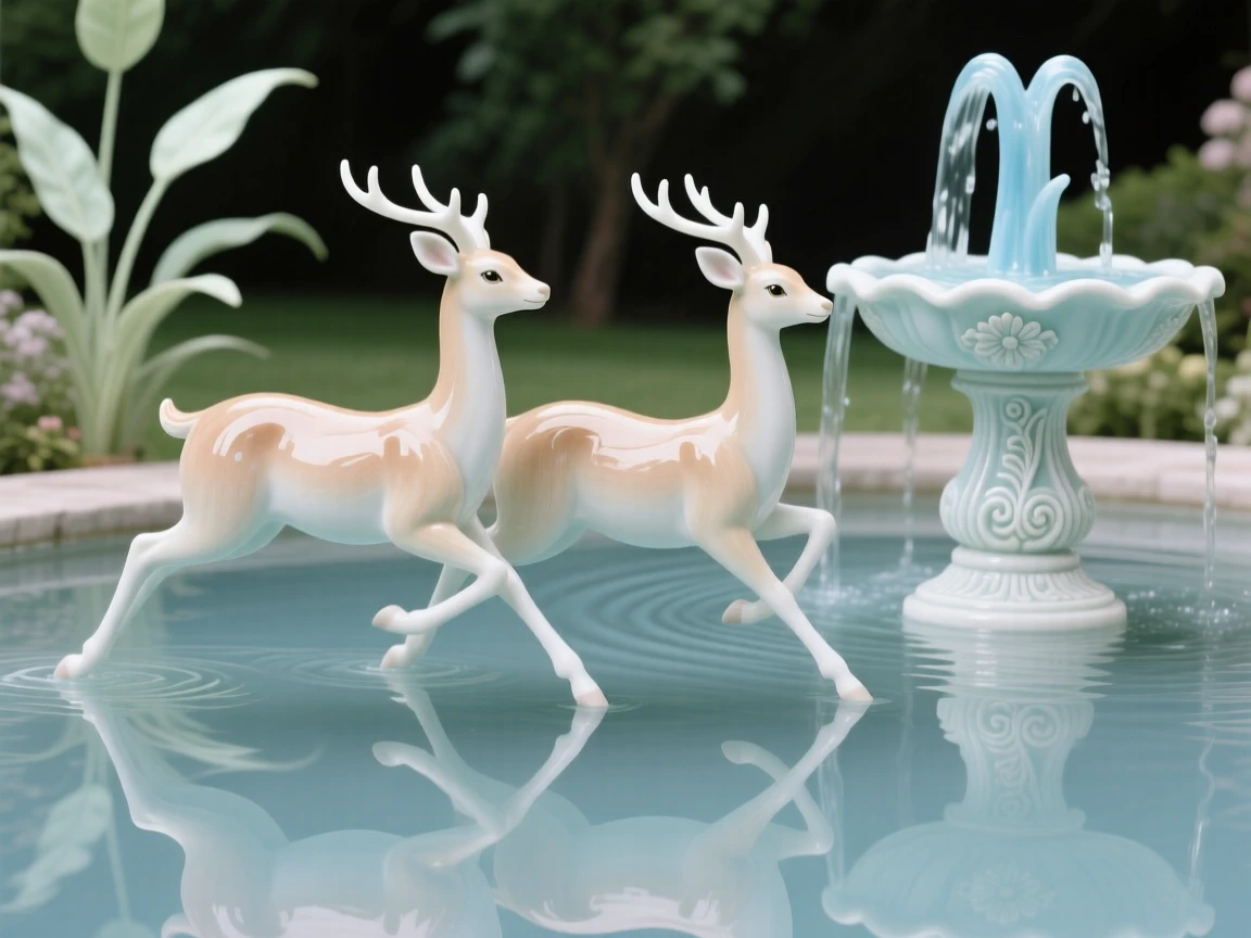 A pair of deer gliding together across a still pond beside a quiet garden fountain.