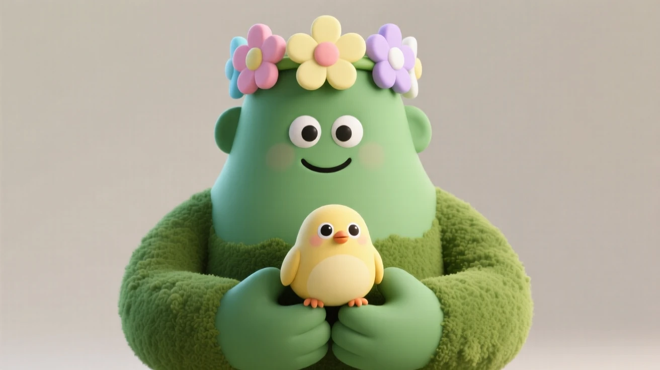 A gentle giant with mossy green skin and a flower crown cradles a baby bird rescued from a fallen nest.