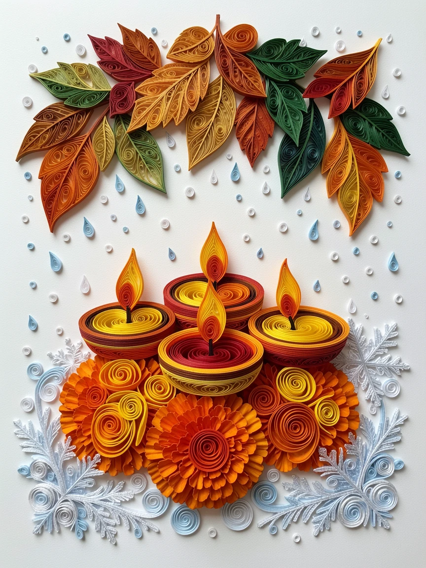 A festive holiday scene of a Diwali display of glowing oil lamps and marigolds beneath a canopy of falling autumn leaves, with delicate frost patterns on nearby surfaces, framed by softly falling snow.