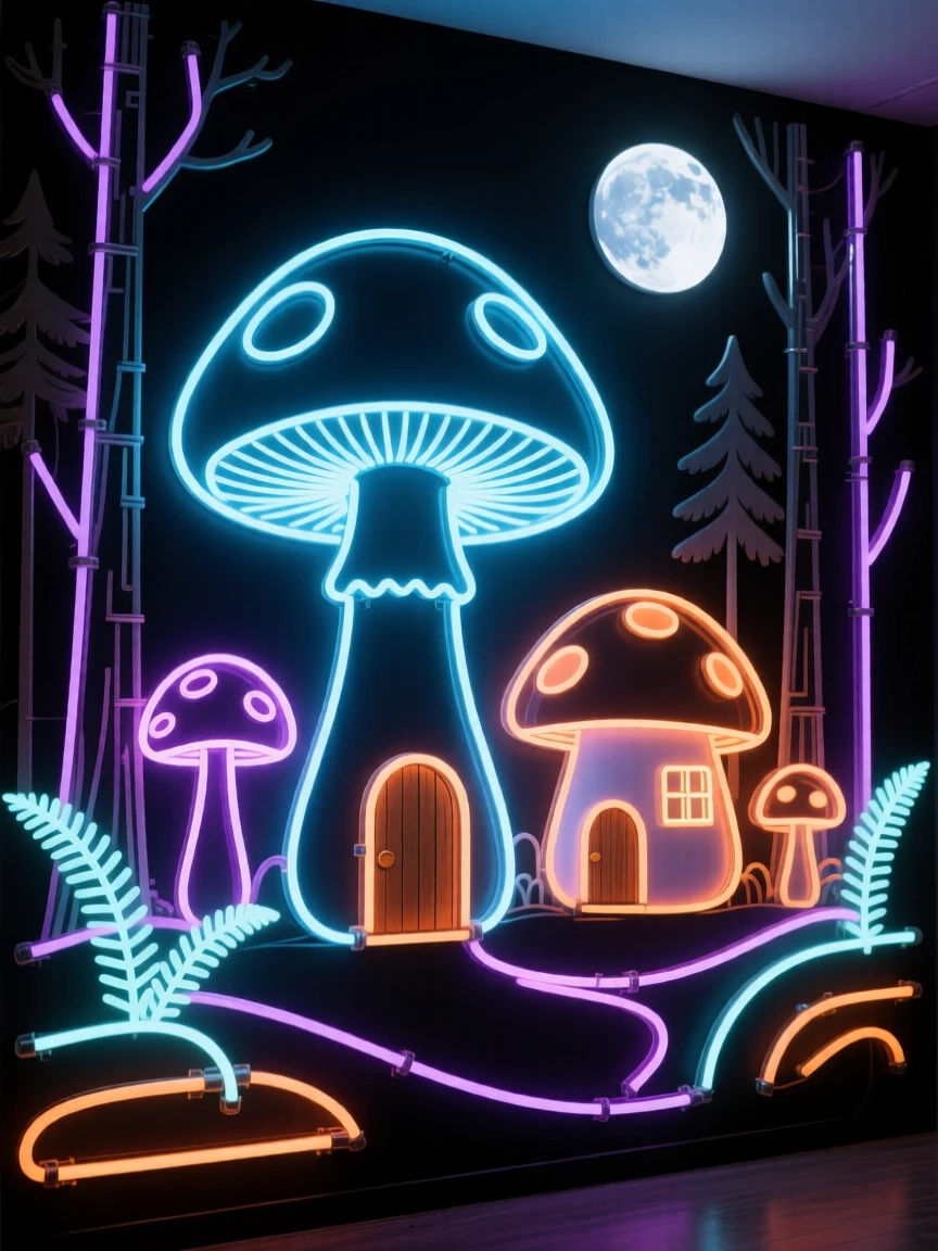 A giant glowing mushroom village nestled in a moonlit forest.
