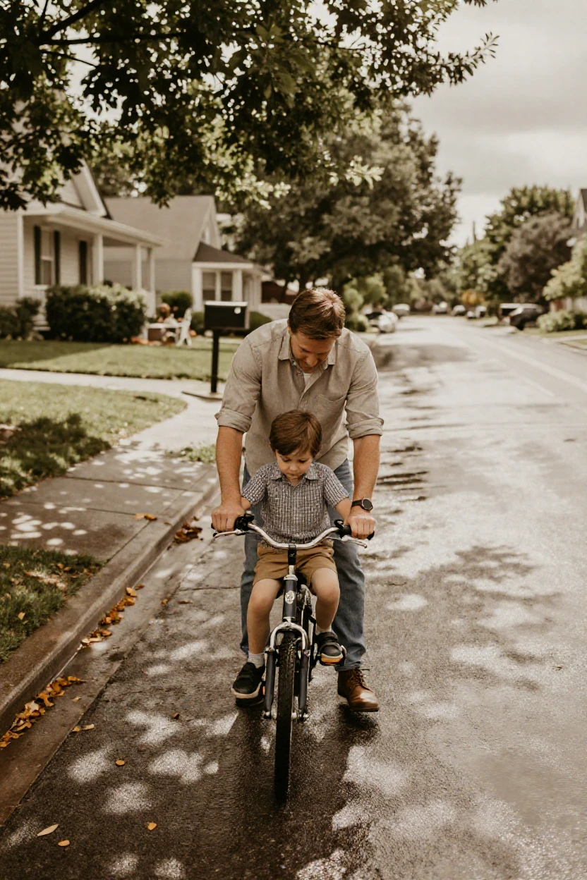 A father teaching his son to ride a bicycle down a quiet street, in dappled light filtering through leaves, just after a rain shower, with puddles reflecting the sky, as summer fades into fall, with a soft sepia-tinted glow, shot from directly overhead.