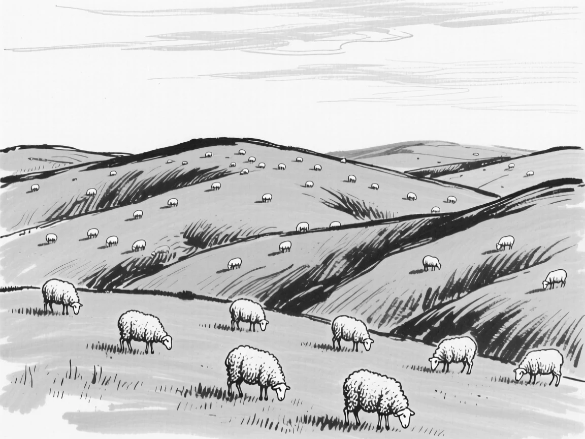 Rolling green hills dotted with grazing sheep beneath a wide open sky.