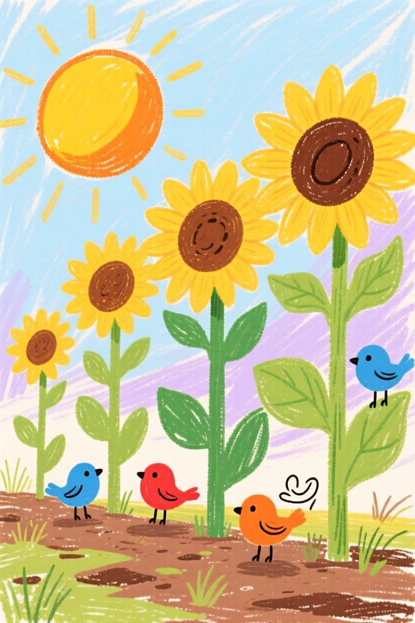 A view of a row of sunflowers facing the morning sun with birds gathering nearby at dawn.