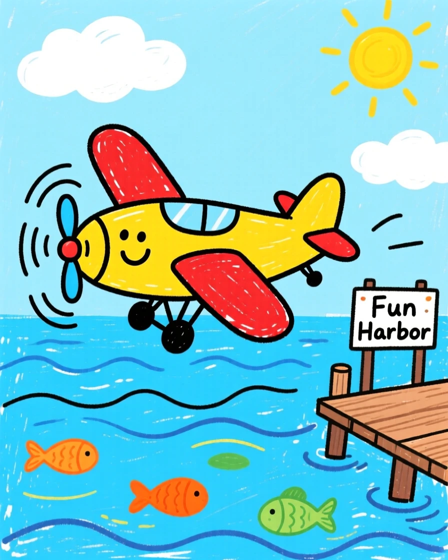 A small propeller airplane sailing across a calm blue harbor.