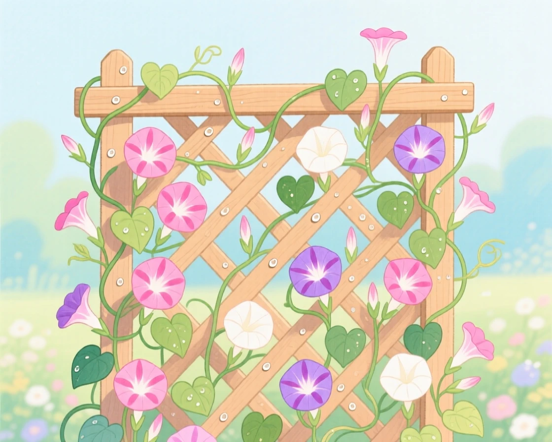 A garden trellis covered in climbing sweet peas glistening with morning dew.