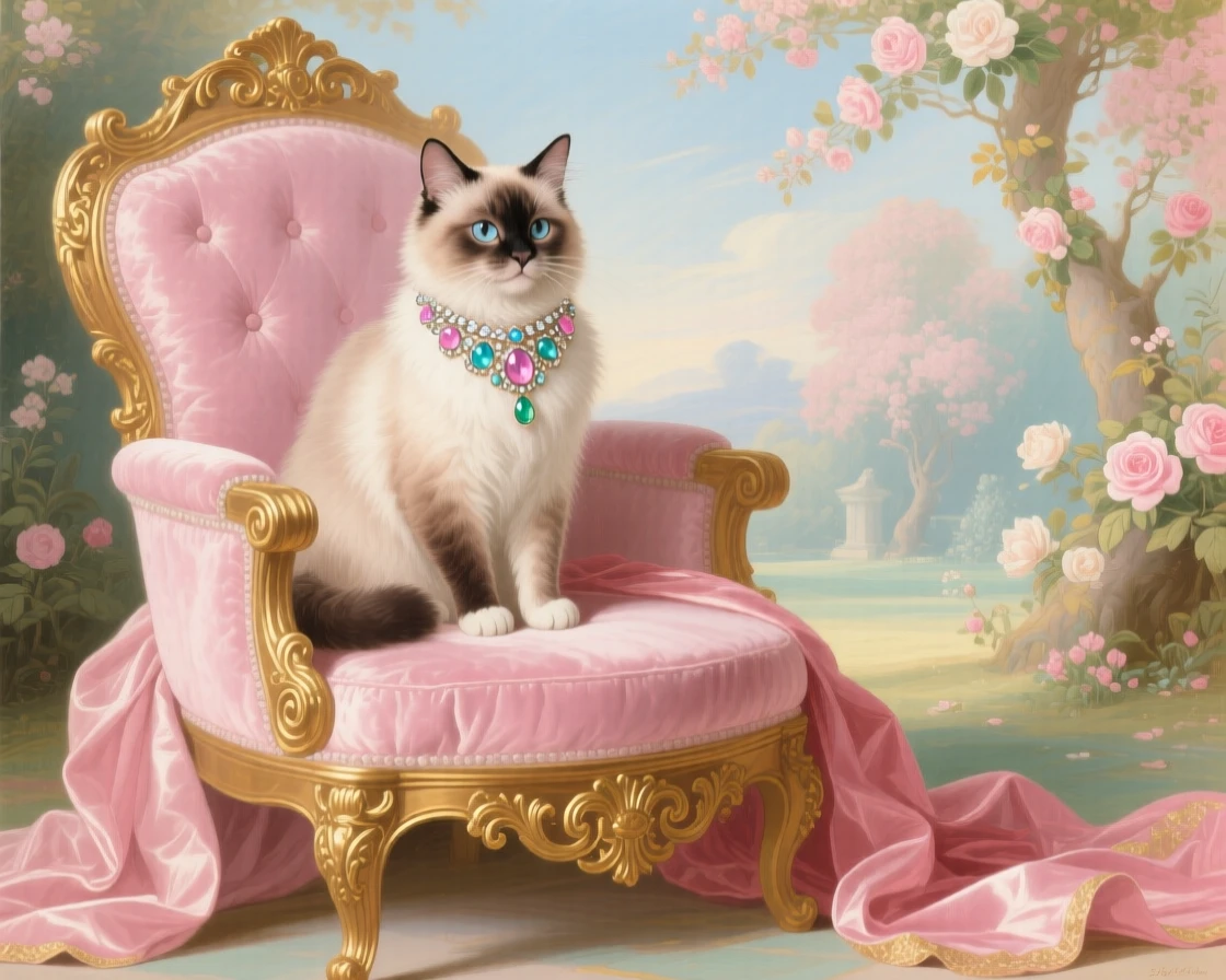 A royal cat wearing a jeweled collar seated on a velvet throne  