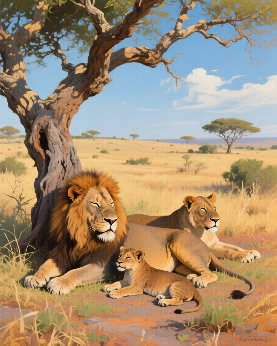 A pride of lions resting together beneath the shade of an acacia tree, surrounded by the untouched beauty of its natural habitat, showing the animal in its truest, most authentic element