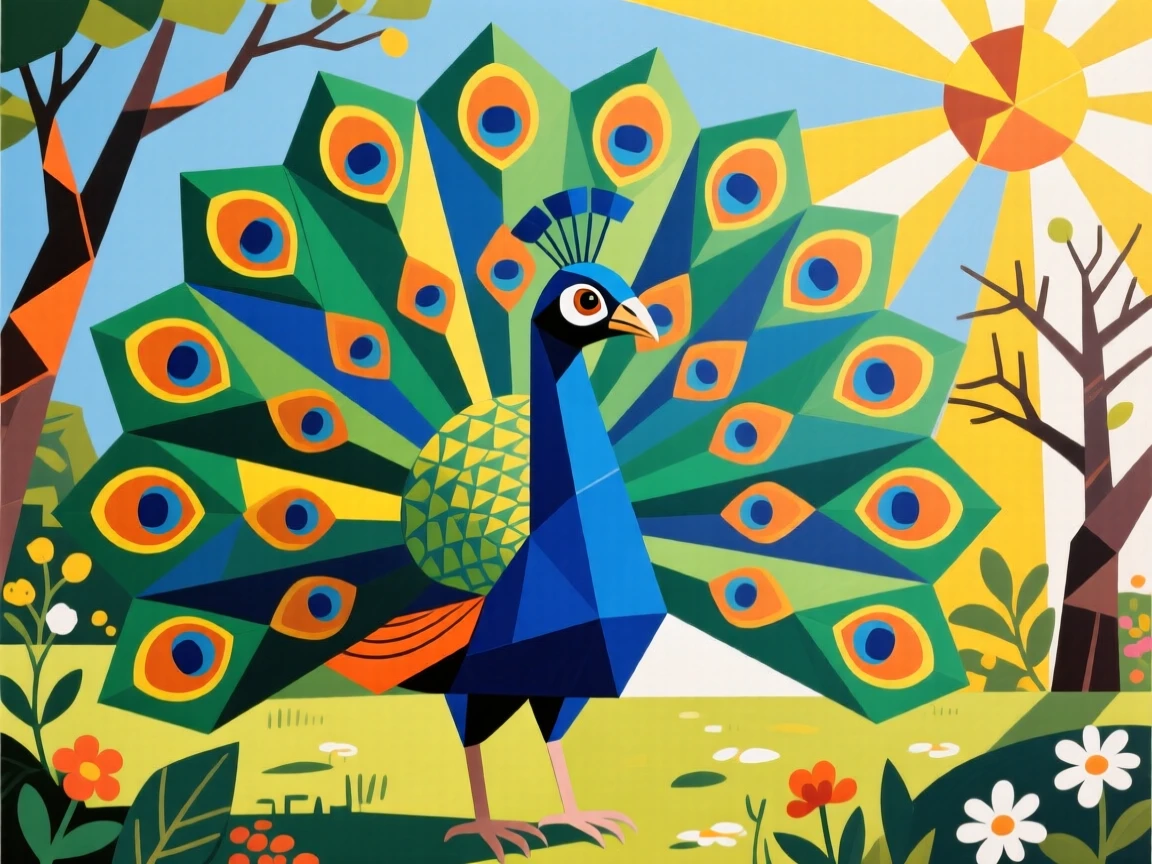 A peacock displaying its magnificent tail feathers in a sunlit garden.
