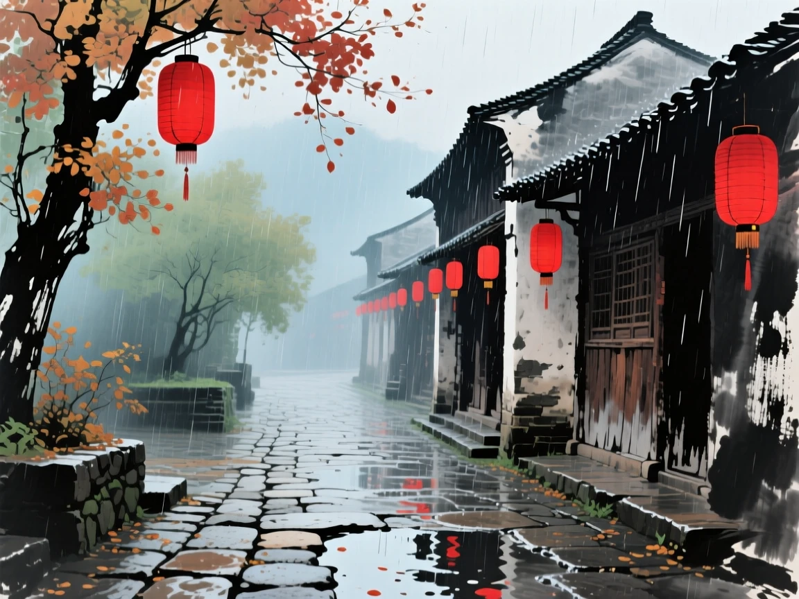 A row of red lanterns hanging along an old village lane, in a gentle drizzle, at the turn of autumn.