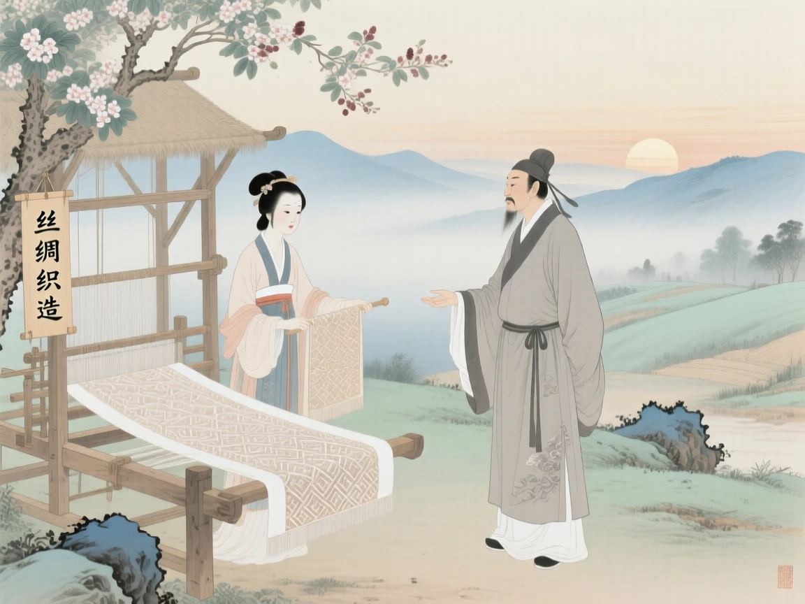 A silk weaver presenting a finished bolt of cloth to a merchant, as morning mist clings to the surrounding hills