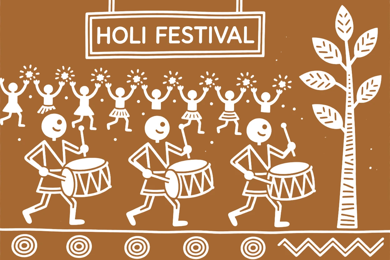 Holi celebrated with drummers leading a joyful procession.