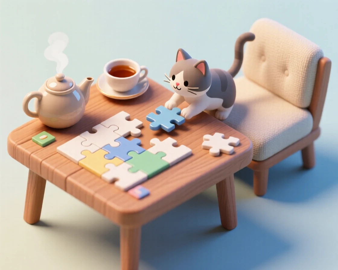 A family game night with a jigsaw puzzle half-finished on the table, hot tea nearby, and a cat curiously batting at a loose piece.