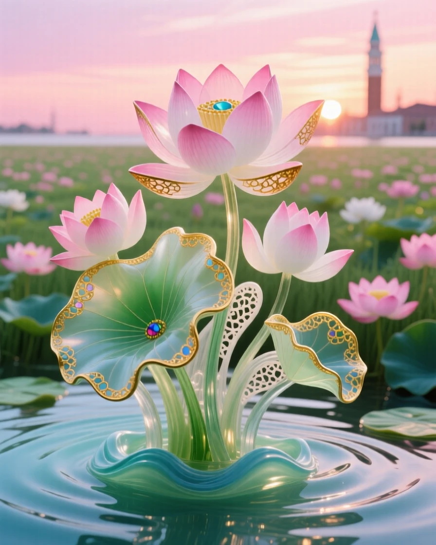 A vast field of blooming lotus flowers under a soft pink sunrise, tranquil and sacred.