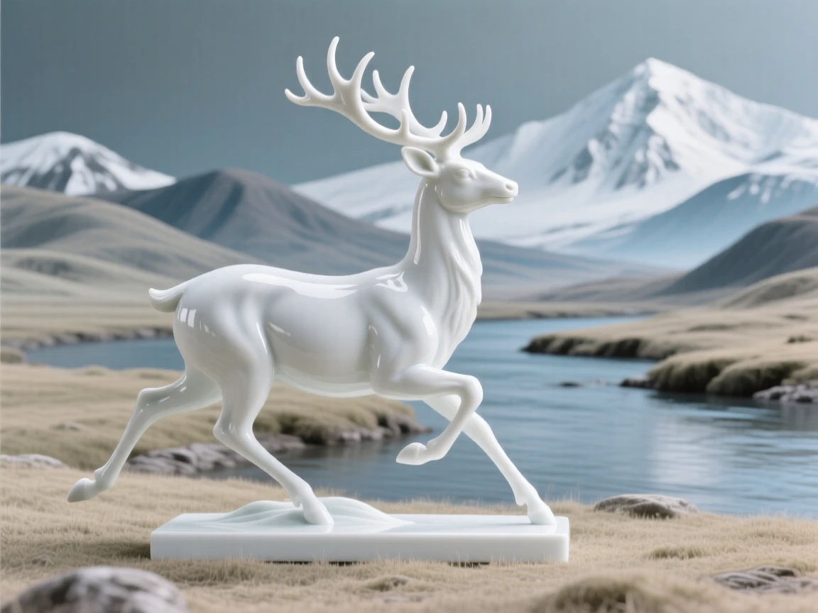 A majestic stag running freely across an open plain in a tranquil riverside, framed by distant snow-capped peaks.