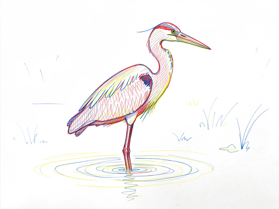 A heron standing perfectly still in shallow water, poised to strike
