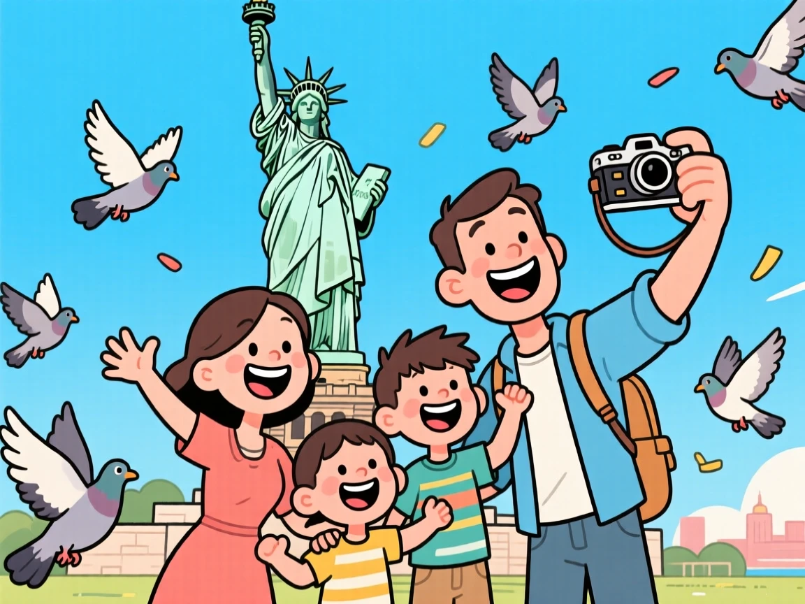 An iconic travel scene featuring a family taking a joyful photo in front of the Statue of Liberty, pigeons scattering around them.
