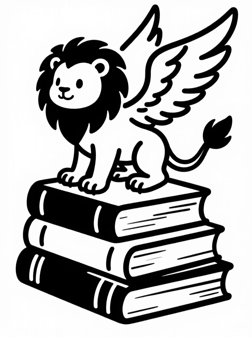 A baby griffin character perched proudly on a stack of books.