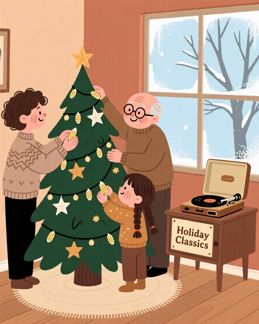 A family decorates a evergreen in the corner with strings of popcorn and paper stars while an old holiday record plays softly and frost coats the glass outside the window.