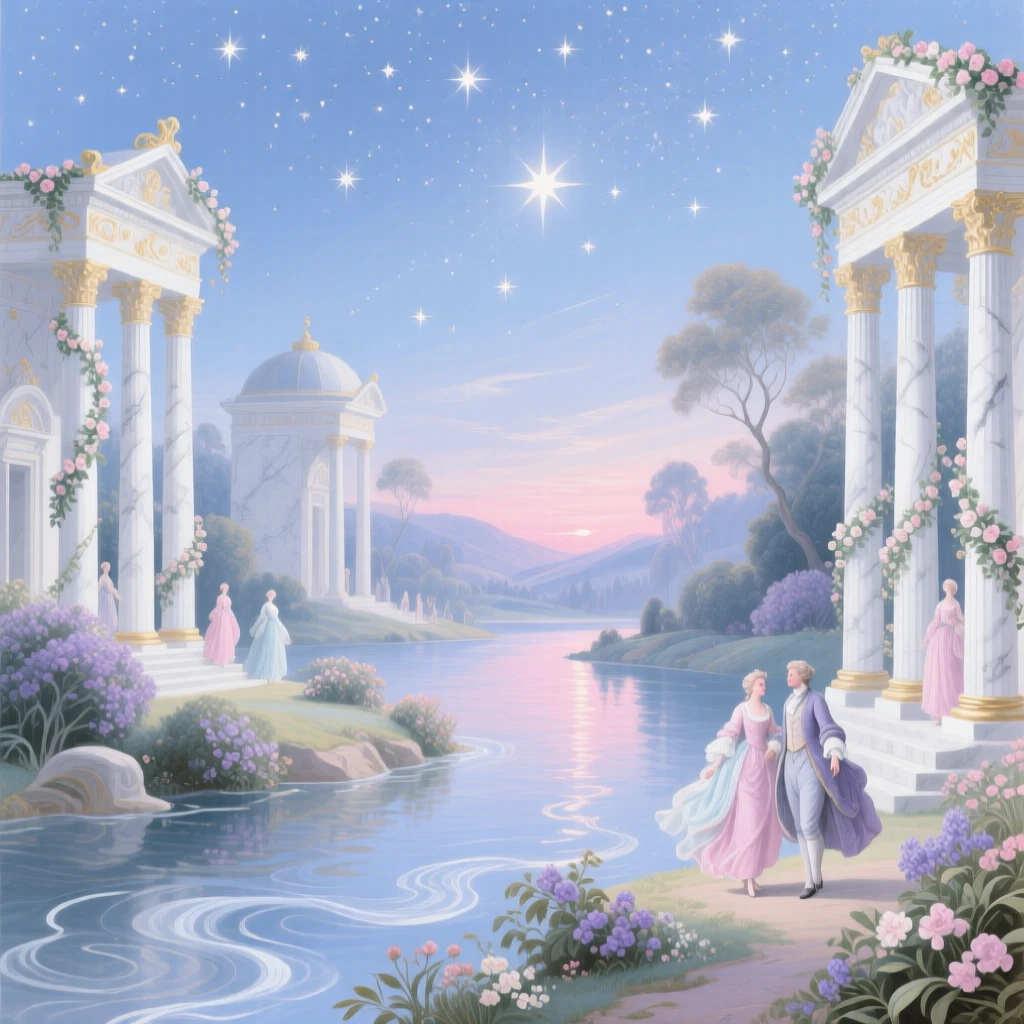 A starry river flowing through a valley of marble temples  