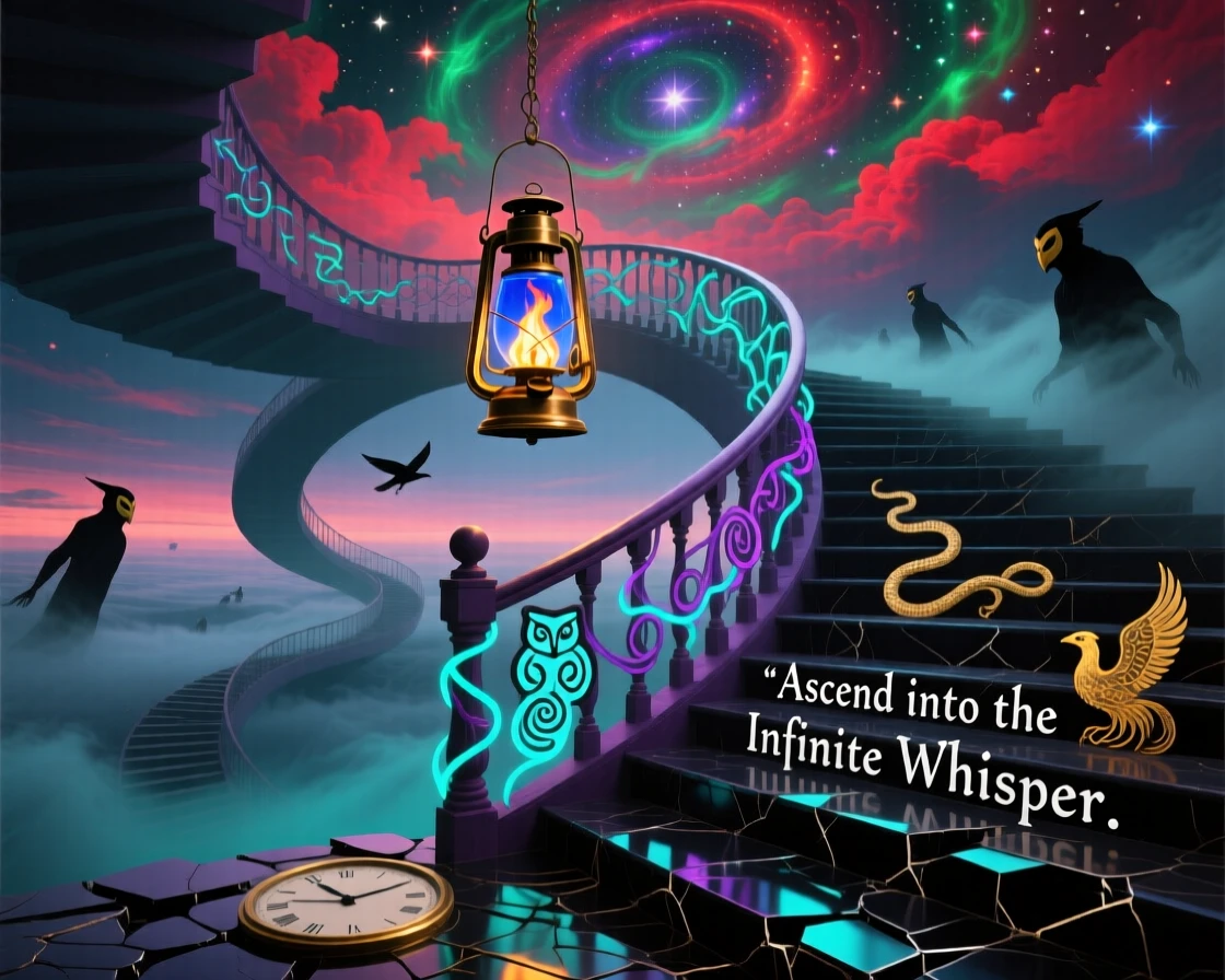 A stairway that folds back on itself endlessly sits quietly at the edge of an endless staircase, and a single lantern burns at its highest point.