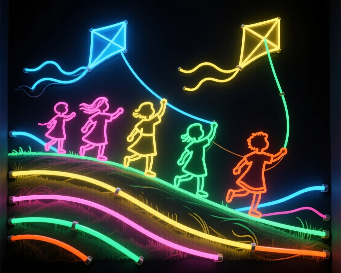 A group of children flying kites on a breezy hilltop.