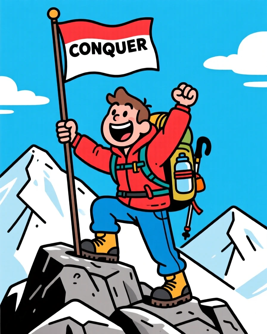 An iconic travel scene featuring a hiker triumphantly reaching the summit of a snow-capped mountain, flag planted proudly.