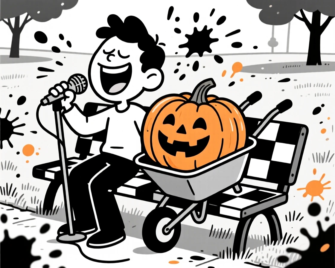 A karaoke singer belting a note with eyes squeezed shut, grinning ear to ear beside a pumpkin bigger than a wheelbarrow, set at a park bench chessboard. Paint splatters form an accidental abstract masterpiece. The image is a playful ode to hobbies people truly love.