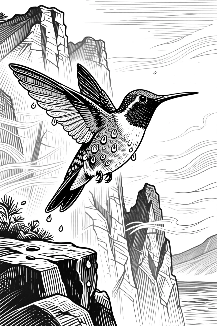 A hummingbird in flight on a windswept cliff, with droplets of water clinging to its coat, capturing a tender and protective moment in nature with a strong, centered focal point.