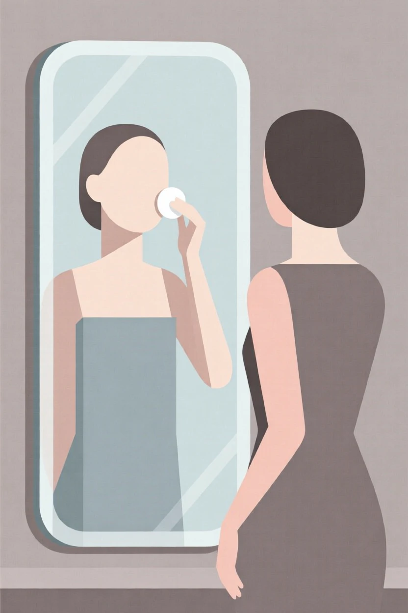 A woman applying skincare in front of a mirror