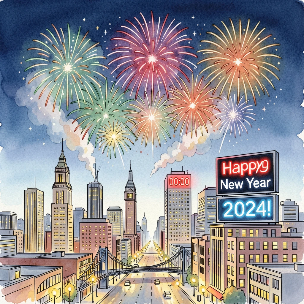 A New Year's Eve fireworks display bursting over a city skyline at midnight