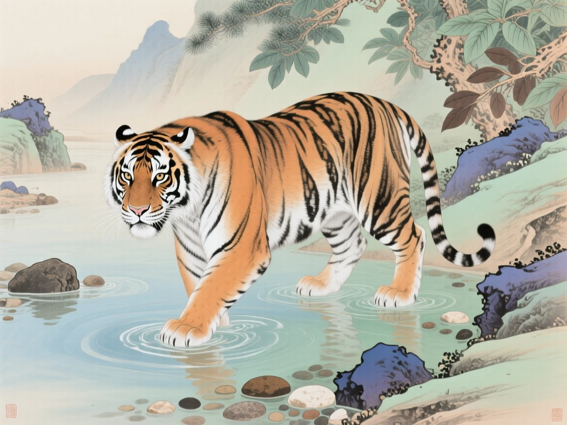 A tiger wading through a shallow mountain stream