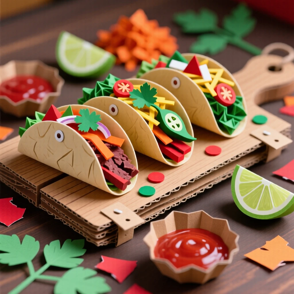 A vibrant Mexican taco spread with colorful salsas, lime wedges, and fresh cilantro, arranged on a rustic wooden board, evoking festive flavor.