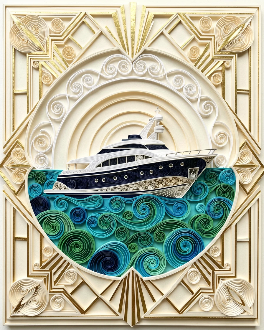 A sophisticated luxury scene of a luxury yacht anchored in a turquoise bay in an elegant art deco lobby, with a subtle metallic gold shimmer, composed with a soft glowing spotlight on the subject.