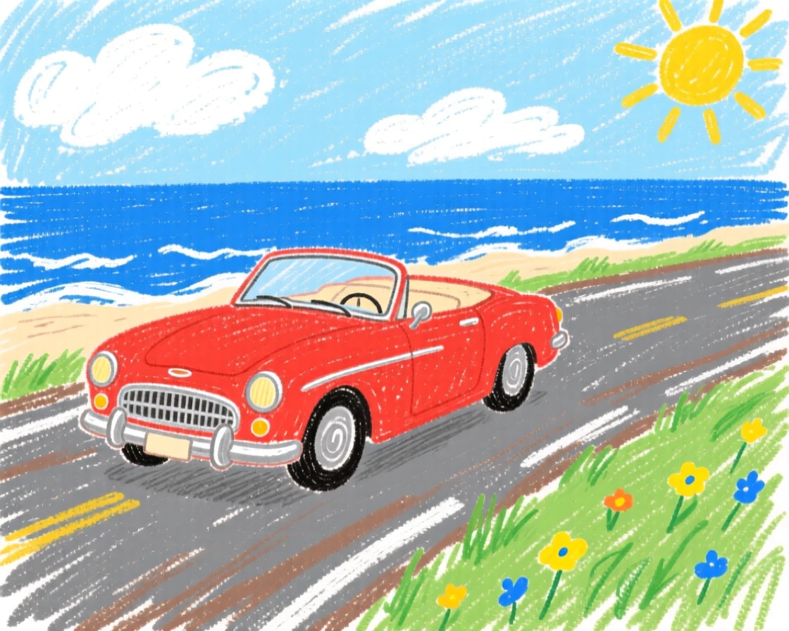 A cherry red vintage convertible parked along a coastal highway.