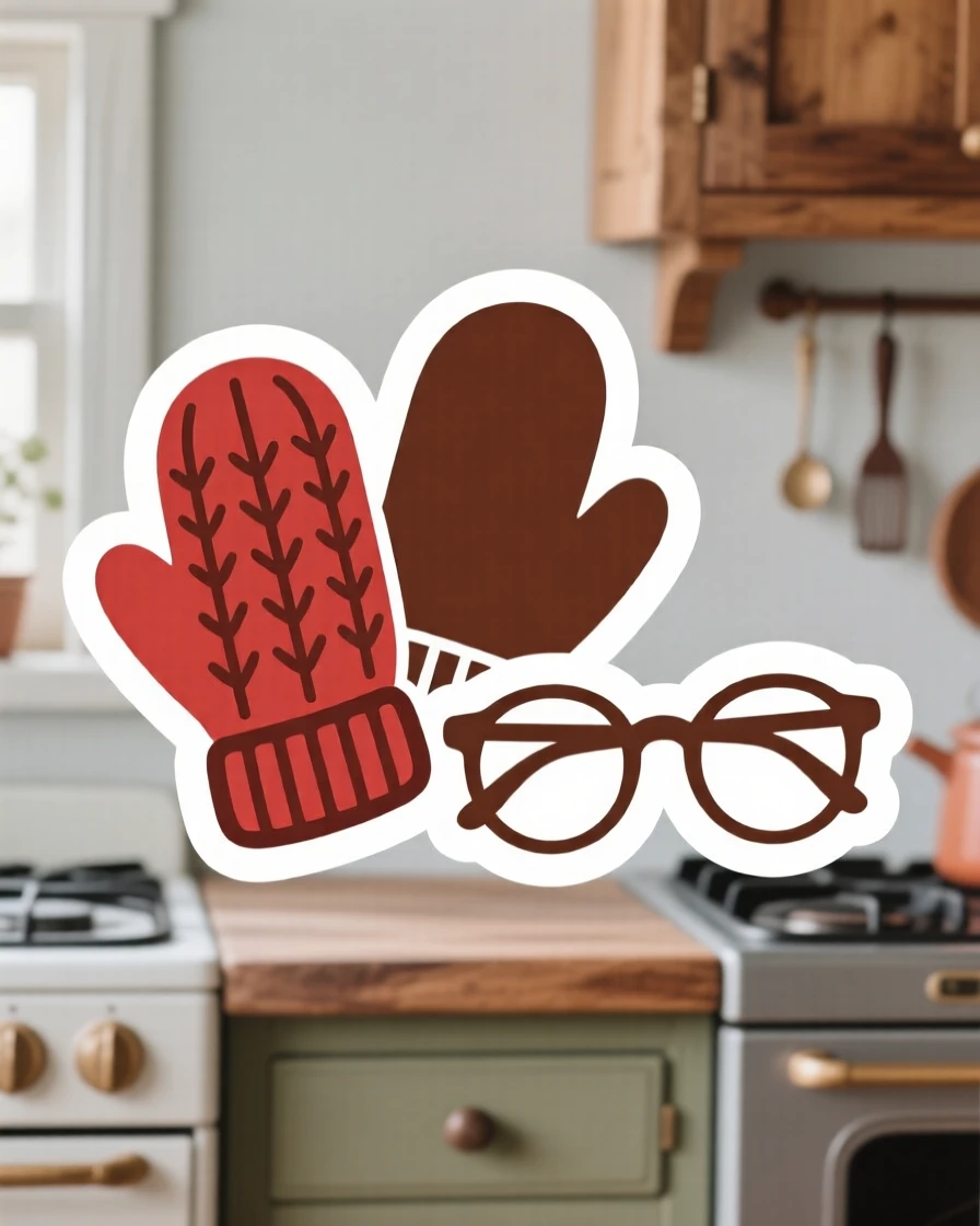 A nostalgic pair of cozy mittens, tucked beside a pair of reading glasses, in a cozy cottage kitchen.