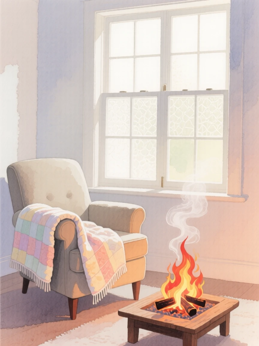 A charming view of a window reading corner, with a fire crackling softly in the hearth, featuring a quilt folded over the arm of a chair