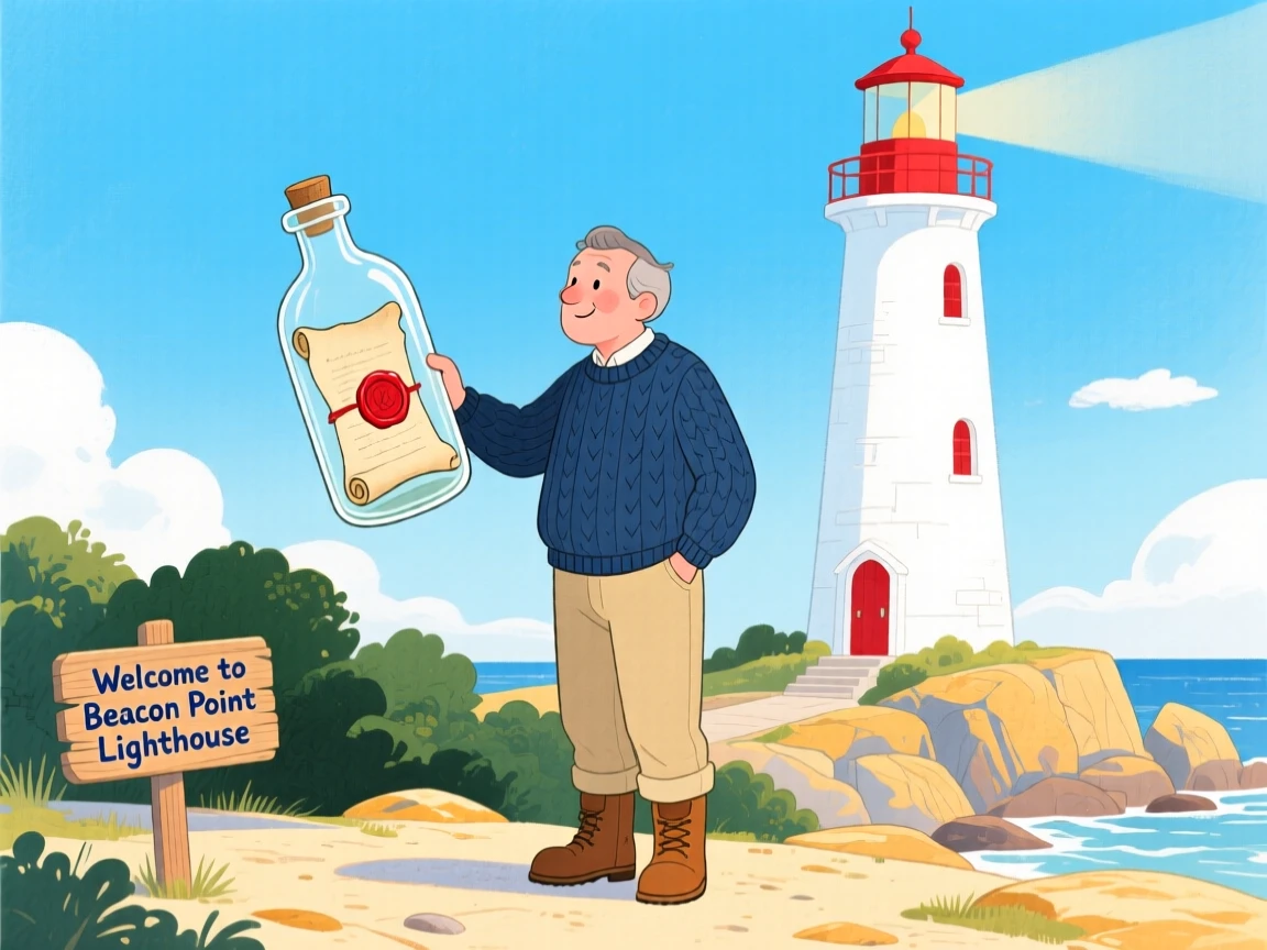 A lighthouse keeper discovering a bottle with a message inside, full of mystery and excitement.
