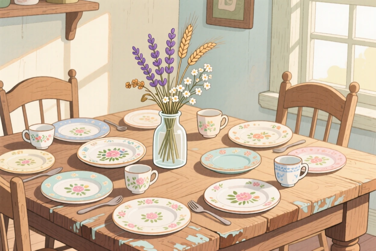 A farmhouse table set for Sunday dinner with mismatched vintage china, with dried flowers tucked into a small vase, inspiring a nostalgic sense of home.