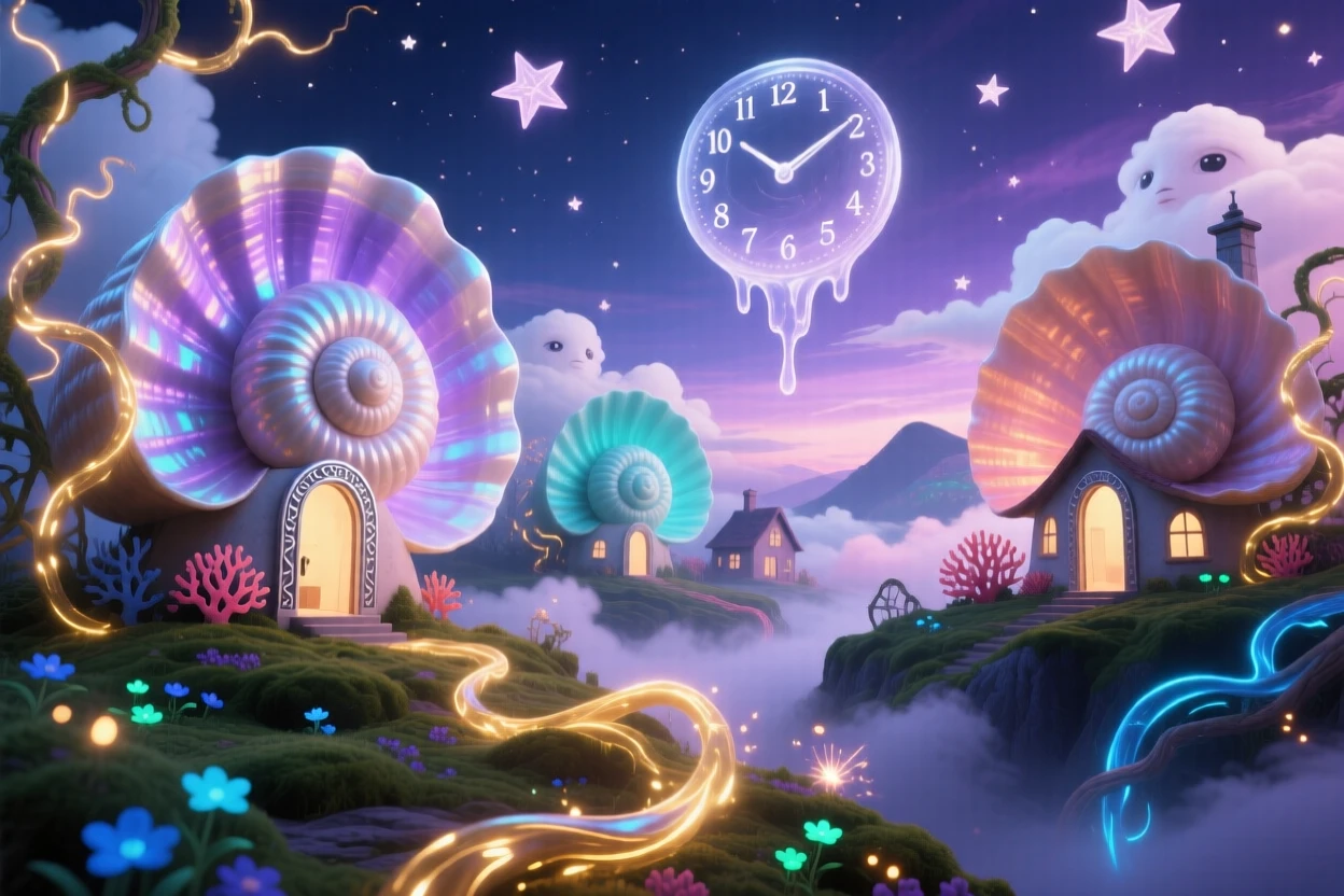 A village of houses shaped like seashells is slowly swallowed by climbing vines of light, as clouds pass slowly through its open doorways.