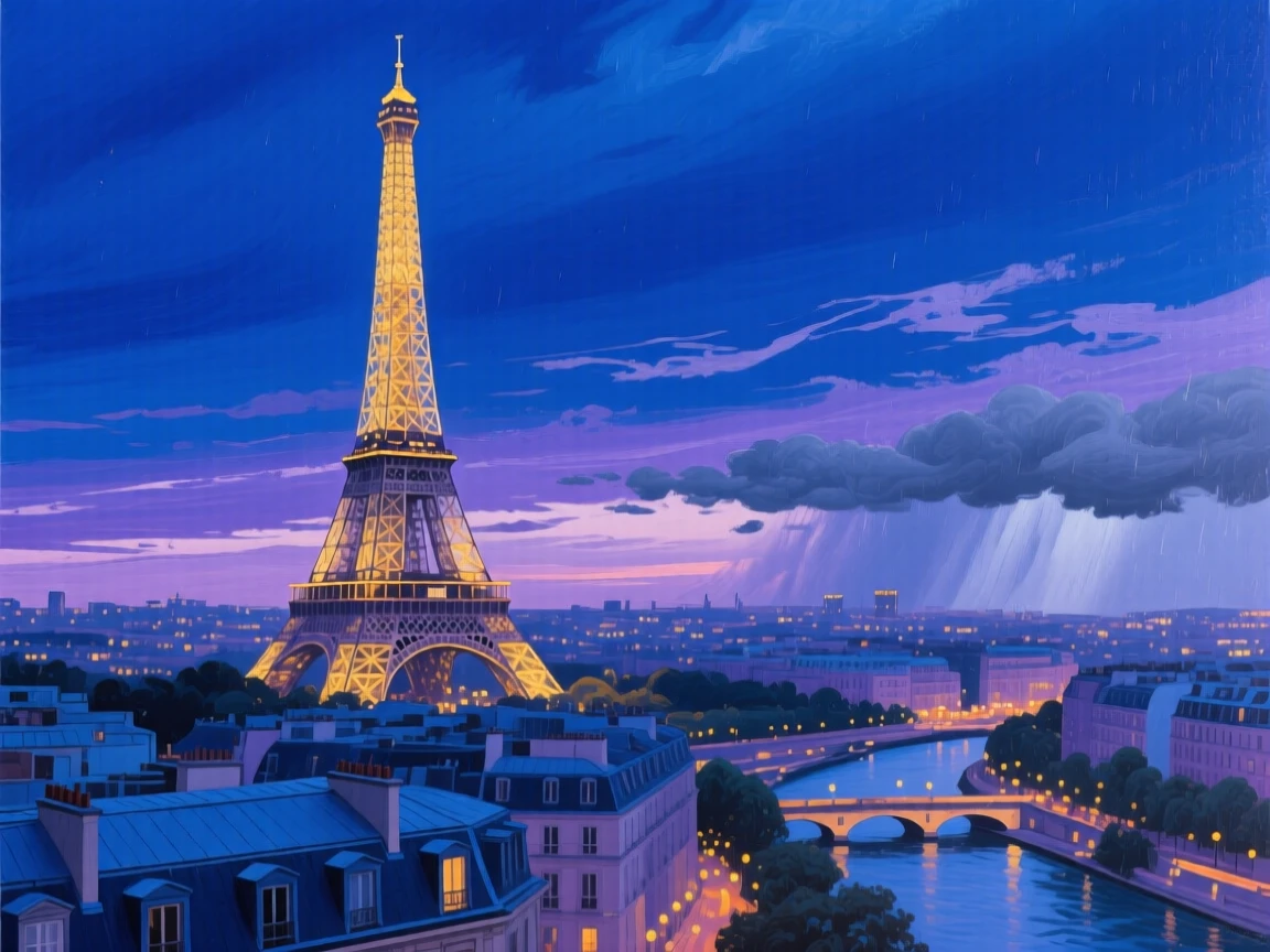 A peaceful blue hour settles over Paris, the Eiffel Tower beginning to sparkle with lights against a deepening indigo sky streaked with the last violet clouds, distant weather visible on the horizon hinting at conditions that will arrive within the hour.