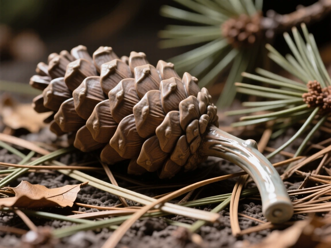A pinecone resting among fallen needles captured at the peak of full bloom, its stem gently arching under its own weight, evoking fragile beauty and quiet renewal.
