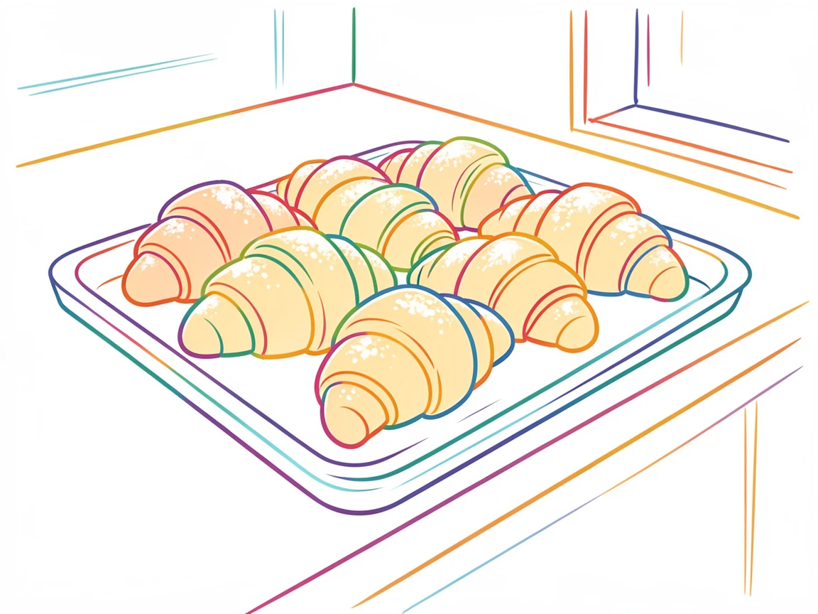 A tray of freshly baked croissants dusted with flour on a bakery counter.