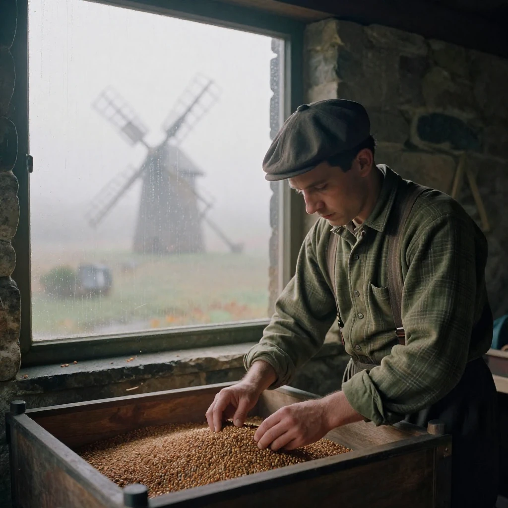 A miller checking grain inside an old stone windmill, in the pale light just before sunrise, in thick rolling fog, in the mild days of early autumn, with muted olive and rust colors, through a rain-streaked window.