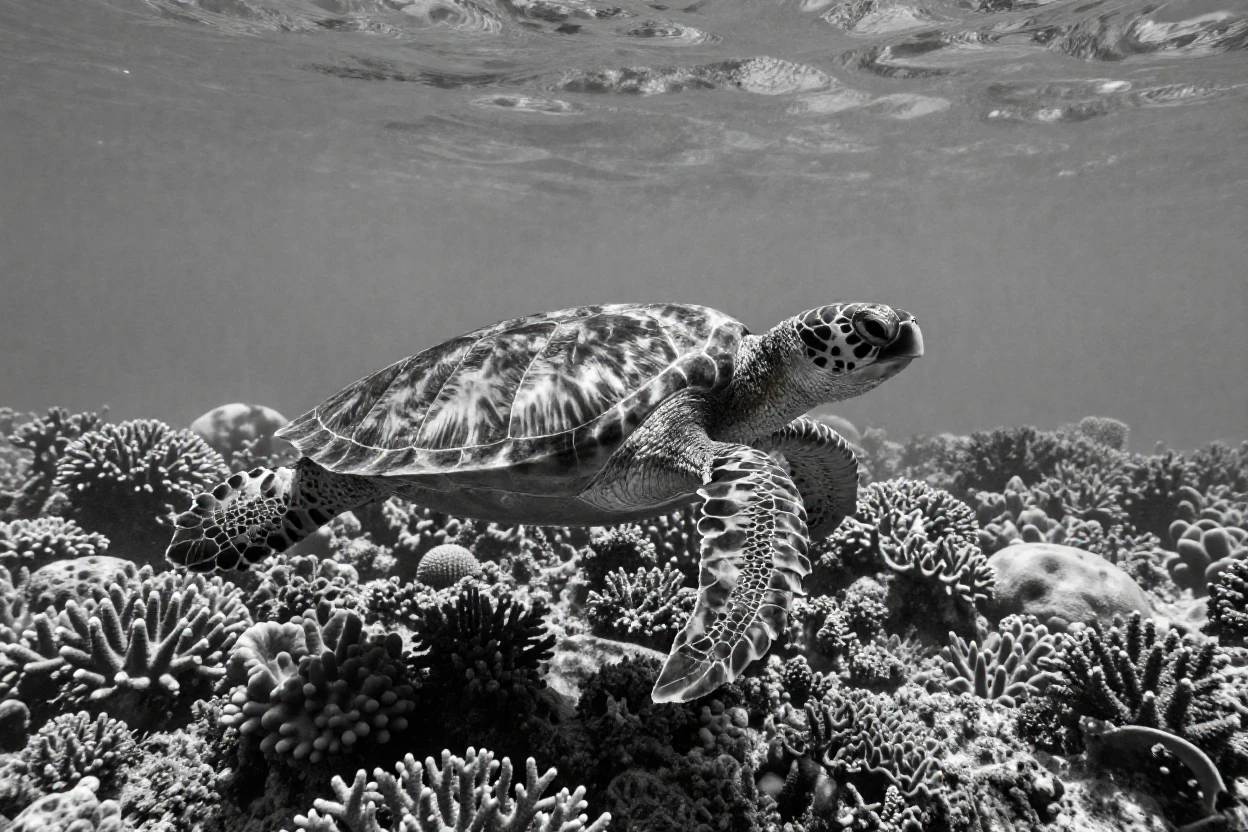 A sea turtle glides gracefully over a coral reef in a calm tropical lagoon.