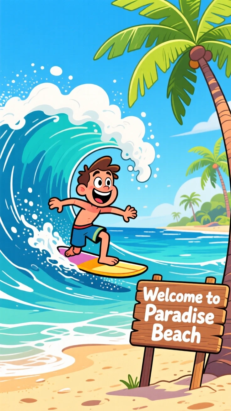 An iconic travel scene featuring a surfer catching a perfect wave off a tropical beach, palm trees swaying on the shore.