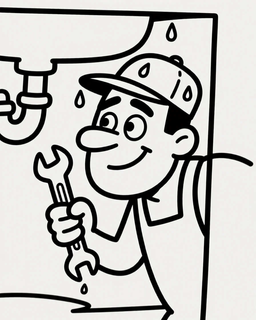 A plumber peeking out from under a sink with a wrench, water dripping onto their hat.