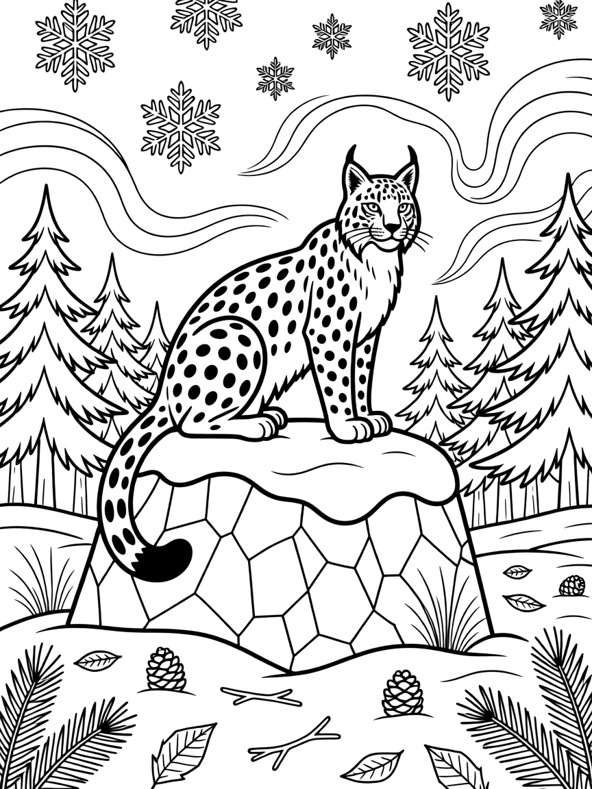 A lynx crouched on a snow-covered boulder.